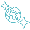 A simplified icon of the Earth with continents shown in blue lines and two stars beside it