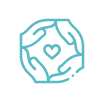 A teal icon of four hands in a circle around a small heart